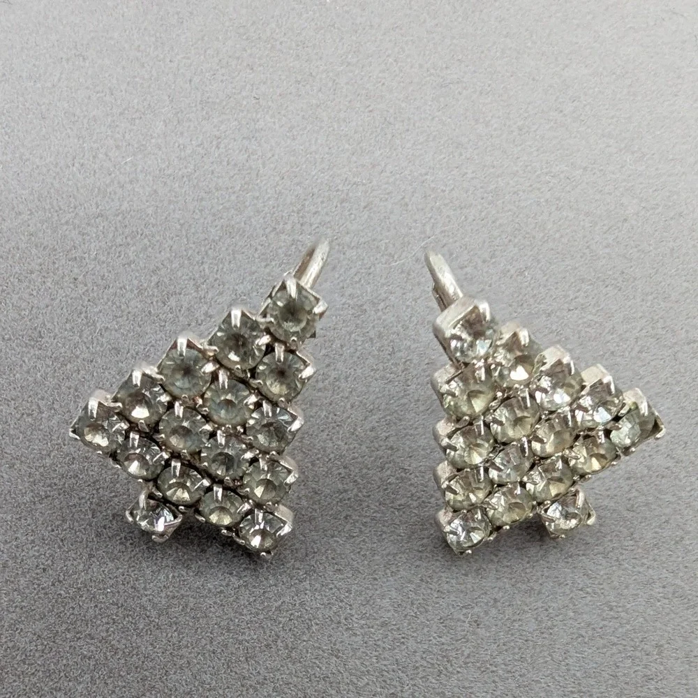 Vintage Silver Tone Rhinestone Christmas Tree Clip‎ On Earrings Holiday Jewelry